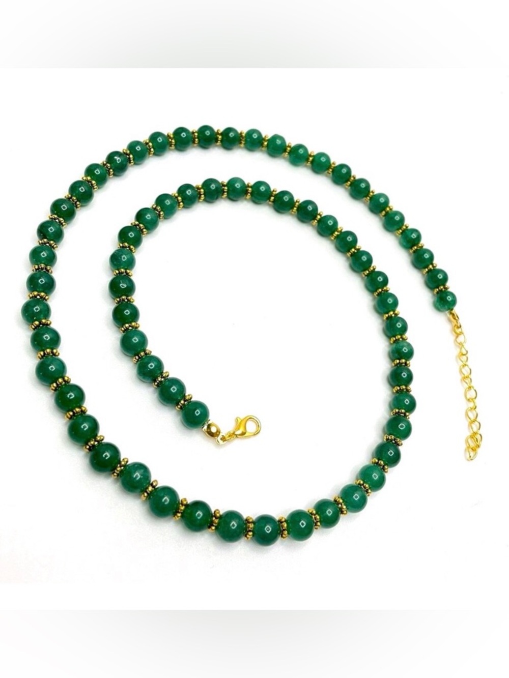 Artisan Handcrafted Green Gemstone Gold Tone Beaded Necklace Elegant Ethnic Long